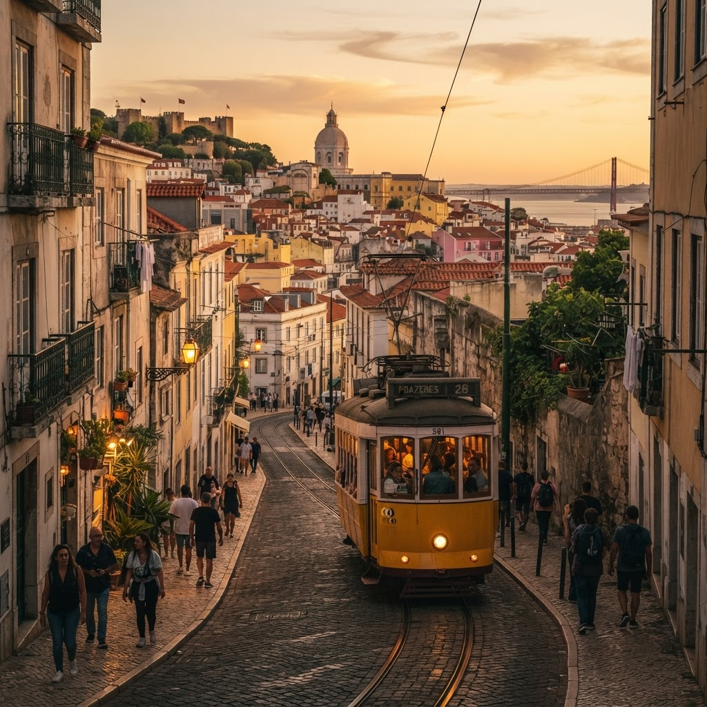 Yellow tram climbing a historic Lisbon street at golden hour